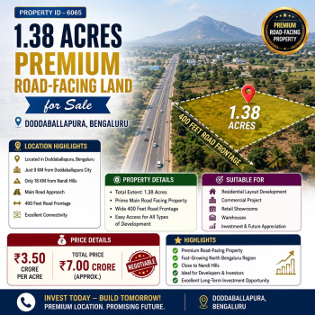 1.38 acres premium road facing property for sale near doddaballapura bangalore