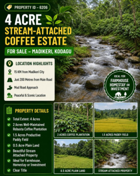 4 acres stream attached coeffe estate for sale near madiekri kodagu
