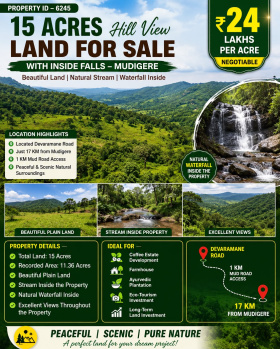 15 acres hill view land with inside falls mudigere