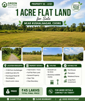 1 acres flat land for sale near kushnalagara coorg
