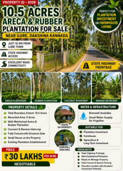 10.5 acres areca and rubber plantation for sale near dakshina kannada
