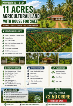 11 acres agricultural land with house for sale near sakeshpura hassan