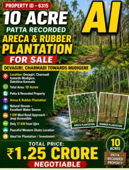 10 acres patta recorded areca and rubber plantation for sale near charmadi toward mudigere