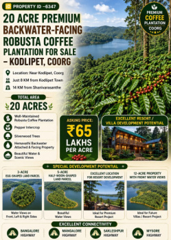 20 acres premium backwater facing robusta coeffe plantation for sale near kodlipete coorg