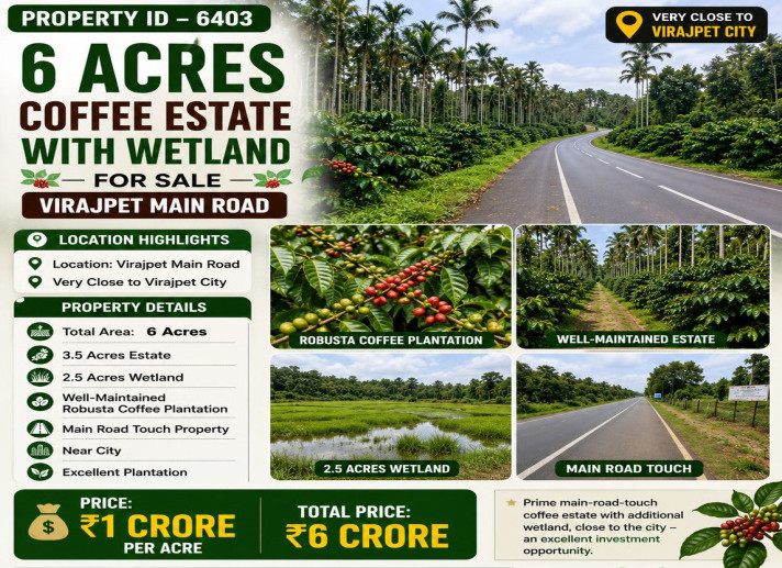 6 acres coeffe esatte with wetland for sale virajpete main road