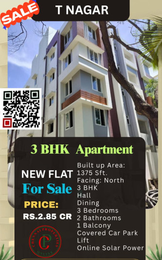 3 BHK Flats & Apartments for Sale in T Nagar, Chennai (1375 Sq.ft.)